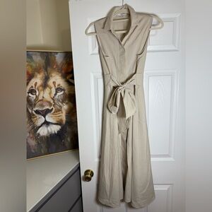 Mango Sleeveless Tie-Waist Wide-Leg Jumpsuit in Light Beige